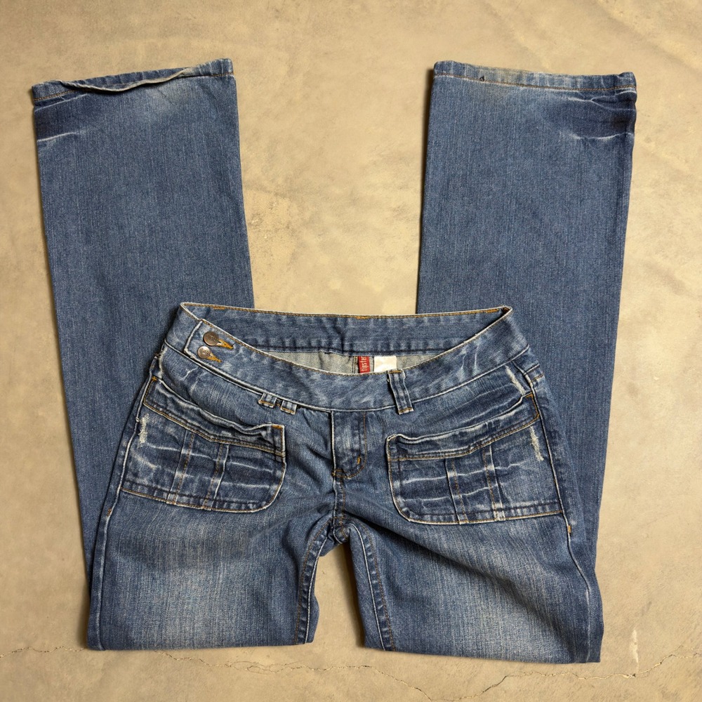Vintage Hipster Low Rise Bootcut Jeans Womens 8 Blue Baggy Y2K Cargo Pockets